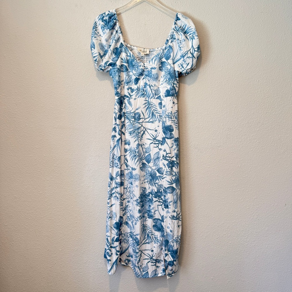 Sweet Wanderer Blue White Toile Botanical Puff Sleeve Smocked Midi Dress Large